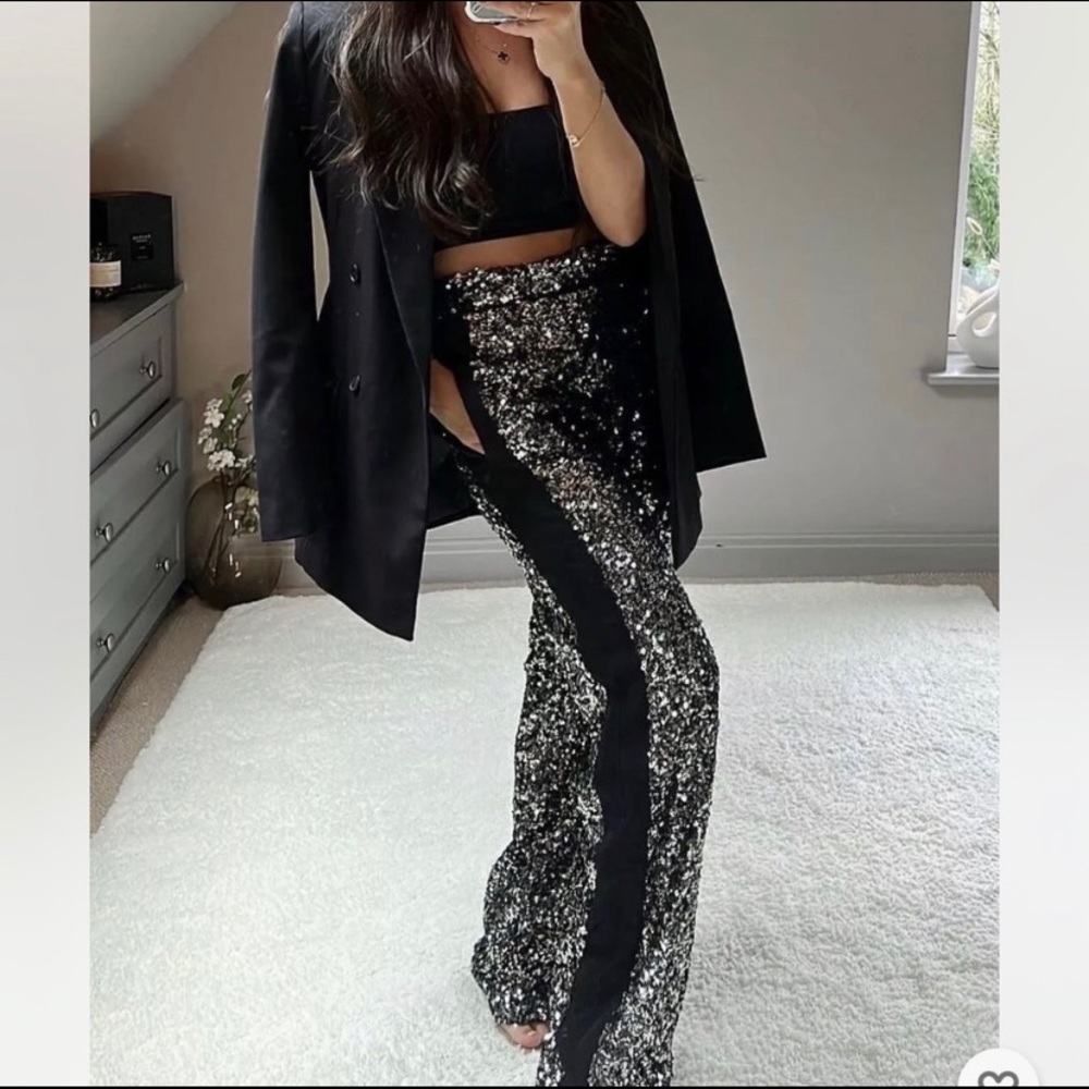 NEW $169 Zara Silver Black Sequin Dress Pants Limited Edition 2674/100 XS Small